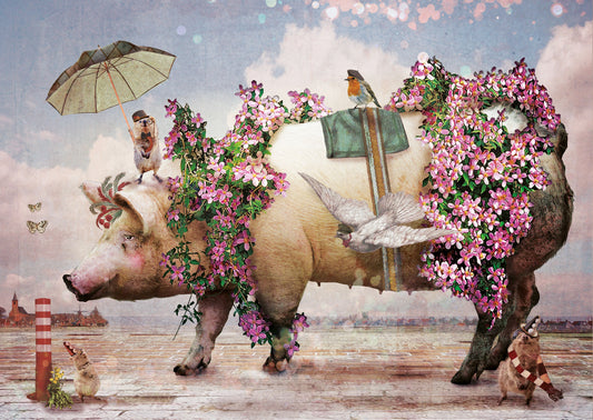 Ansichtkaart Bloemen Varken