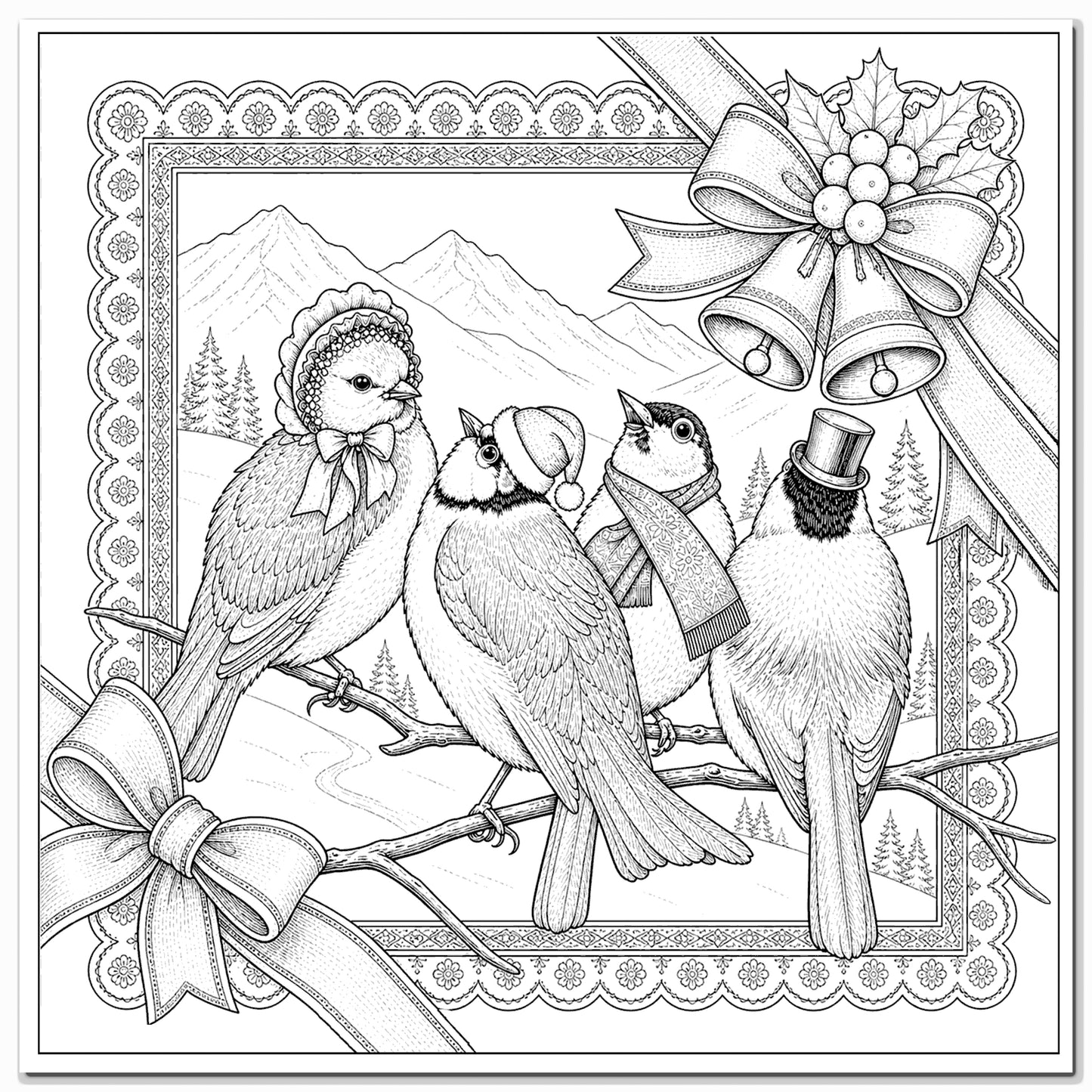 Christmas Colouring Card Sparrows