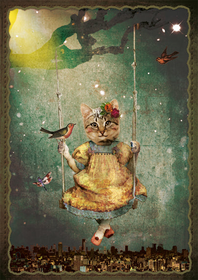 Ansichtkaart Schommelpoesje 'in de Nacht'