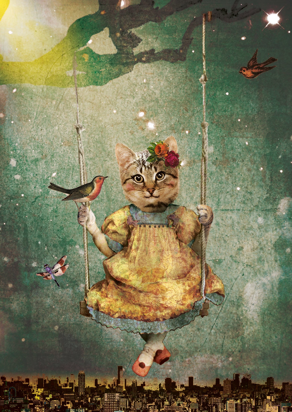 Luxe wenskaart Schommelpoesje in de Nacht