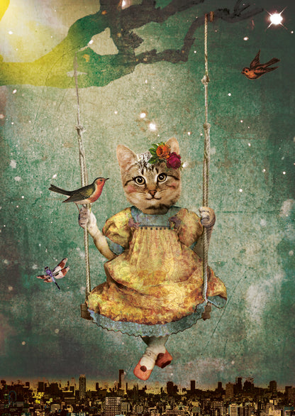 Luxe wenskaart Schommelpoesje in de Nacht